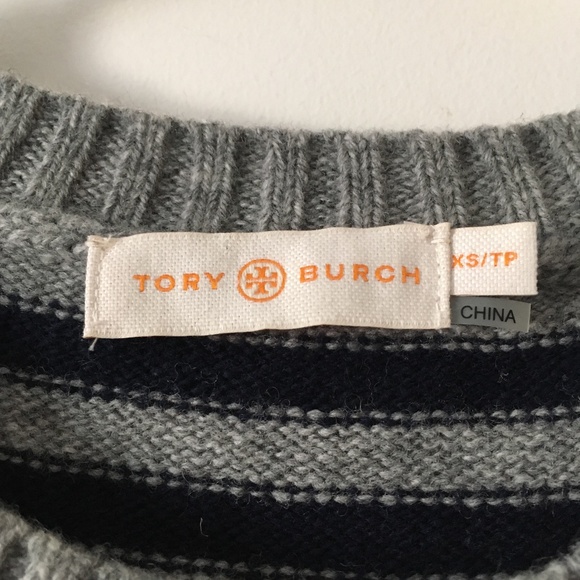 TORY BURCH Sharlene Grey + Navy Cable Knit Wool Crew Sweater XS - Picture 6 of 7